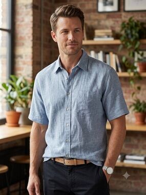 Ashworth Blue Chambray 100% Washed Linen Button Down Shirt Men's XL Summer